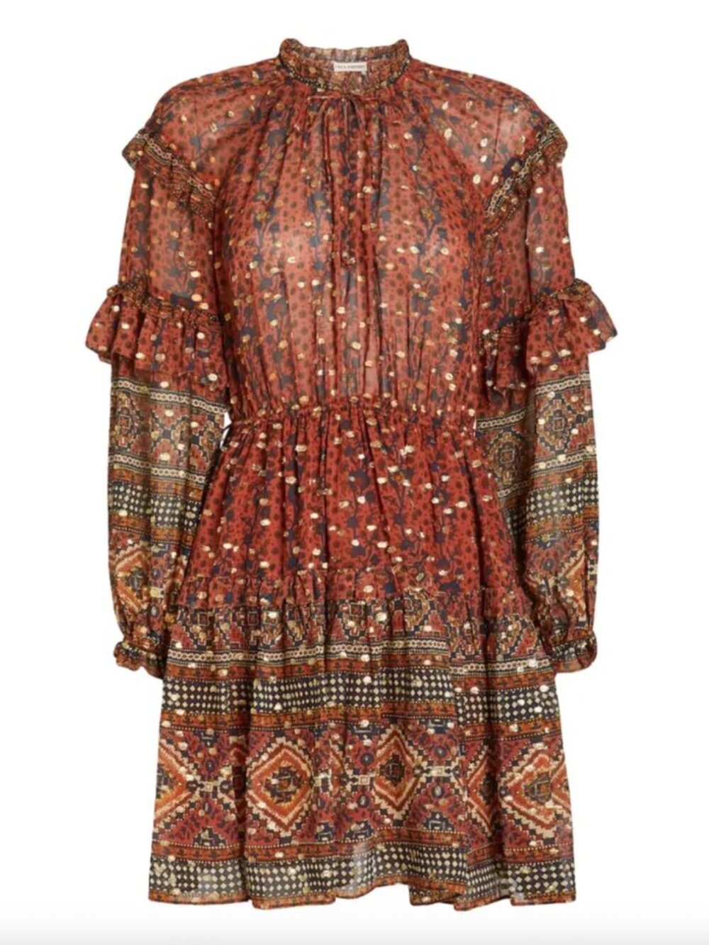 $650 Ulla Johnson Brick Red Floral Silk Mini Ruffle Waist Tie Erisa Dress size 0